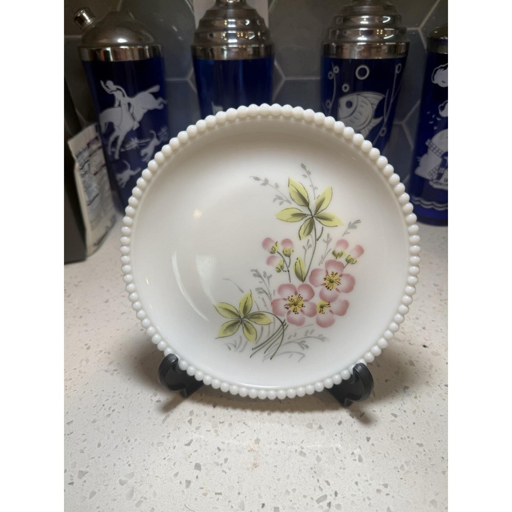 Westmoreland Beaded Edge Hand Painted Primrose Plate Pink Flower Milk Glass